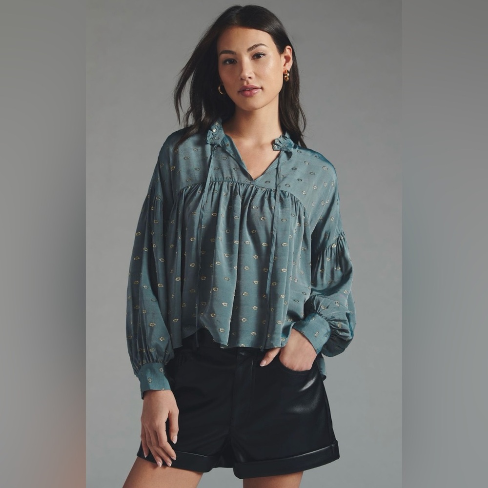 By Anthropologie Women’s Ruffled Peasant Blouse in Blue/Gold Metallic M - Picture 2 of 16